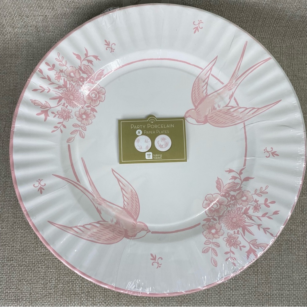 40 Paper Plates pink white floral bird